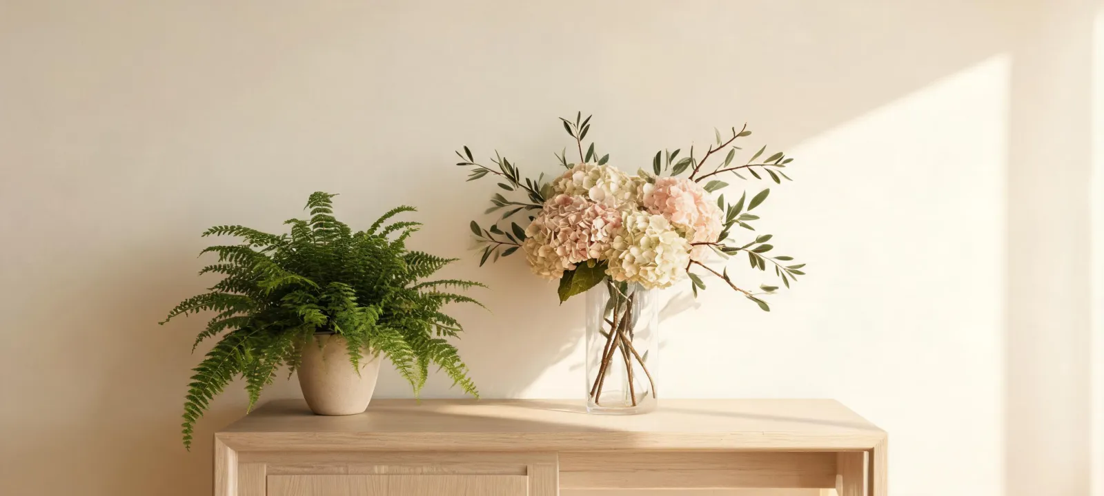 Artificial plants styled for a refreshed room
