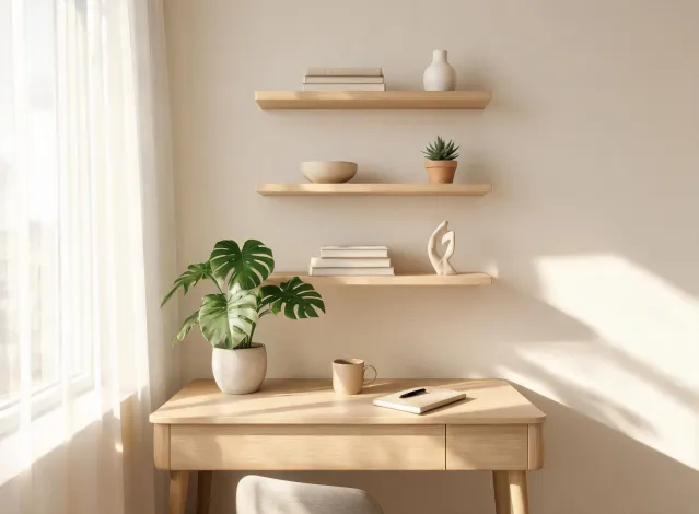Home office with faux plant