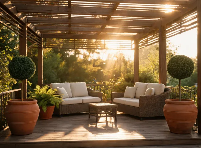 Covered patio with faux greenery