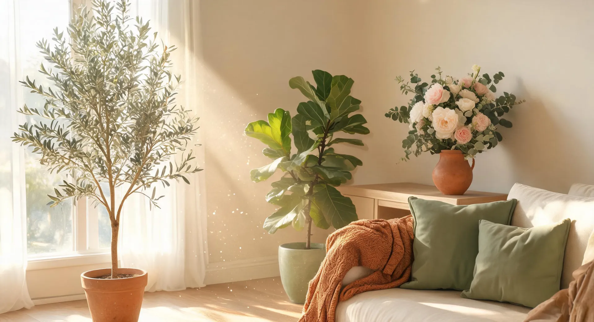 Faux greenery styled in a warm living room