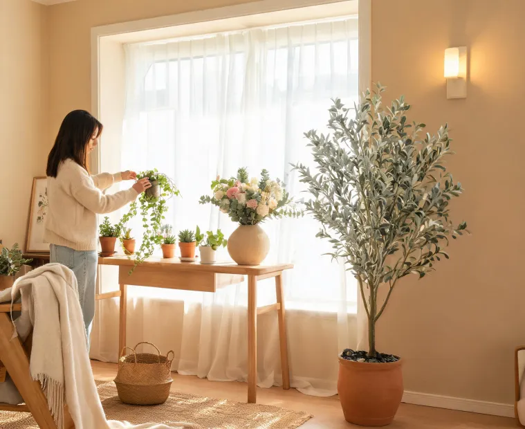 Advisor arranging faux plants