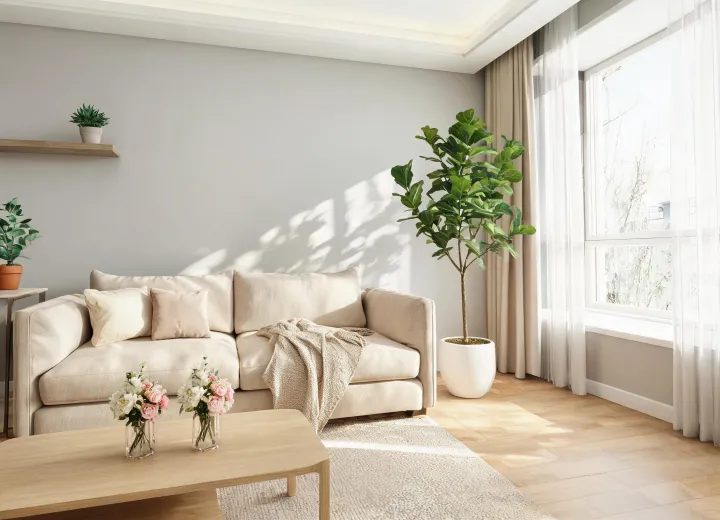 Apartment living room with faux botanicals