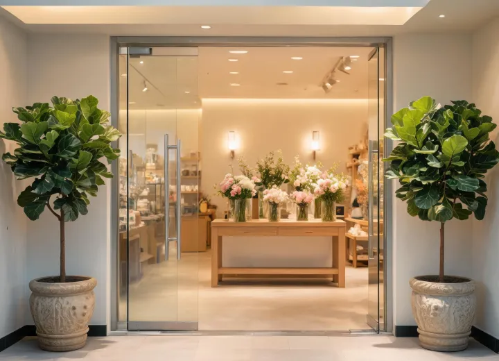 Retail entry styled with artificial plants